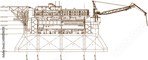 Vector silhouette illustration sketch of detailed design of Oil Platform Elevation building construction for the mining industry