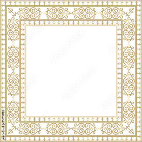 Vector gold square Yakut ornament. An endless rectangular border, a frame of the northern peoples of the Far East.