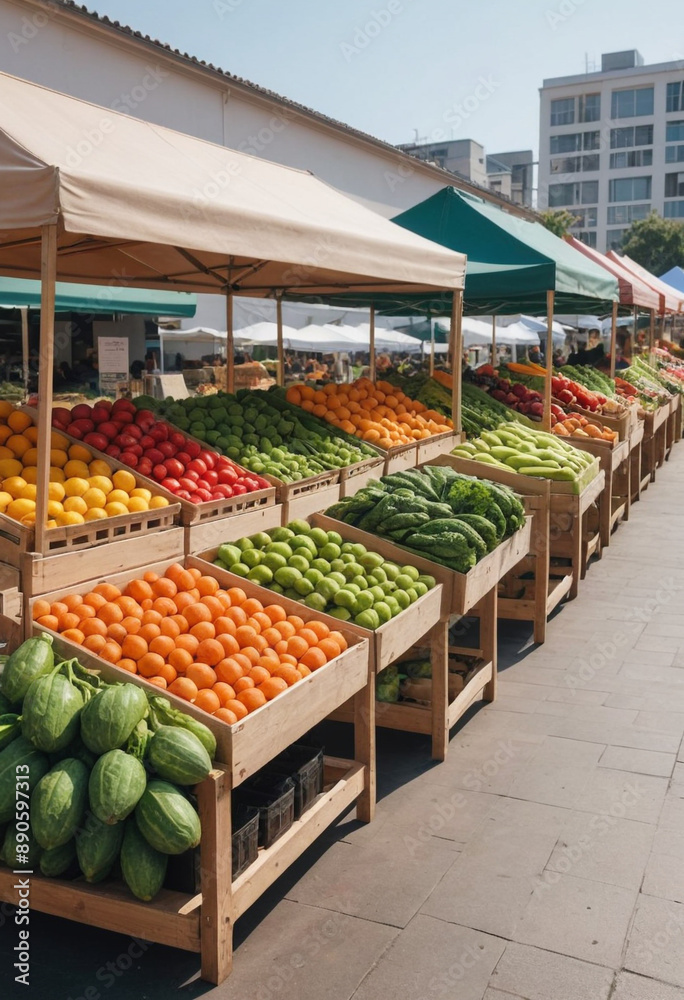 Vibrant farmers market with stalls selling fresh fruits and vegetables for juicing. Vibrant farmers market with stalls selling fresh fruits and vegetables for juicing.