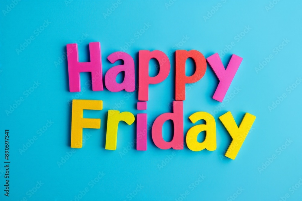 Happy Friday Celebration Text in Vibrant Colors on Blue Background Happy Friday Celebration Text in Vibrant Colors on Blue Background