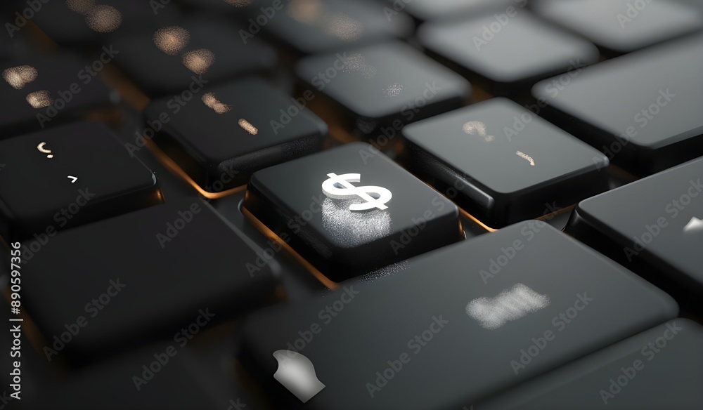 Black keyboard key with white glowing money bag icon and arrow symbol, close-up view on gray background. Black keyboard key with white glowing money bag icon and arrow symbol, close-up view on gray background.