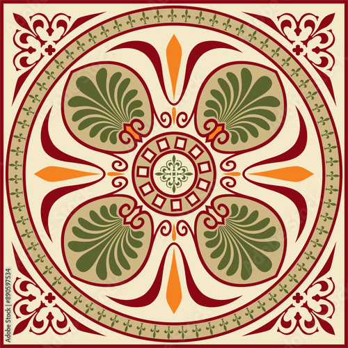 Vector colored classic Greek square ornament. Rectangle of Ancient Greece and Roman Empire. Byzantine painting of walls, floors and ceilings. Decoration of European palaces.