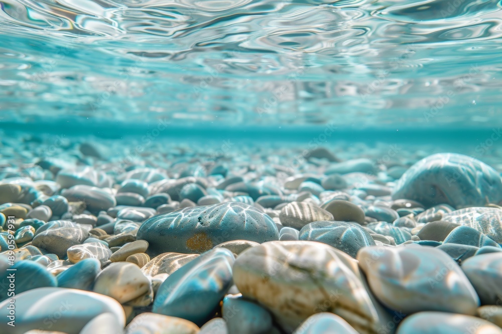 Sunlight gently illuminating smooth rocks under clear turquoise water, creating a tranquil scene perfect for nature-inspired backgrounds Sunlight gently illuminating smooth rocks under clear turquoise water, creating a tranquil scene perfect for nature-inspired backgrounds