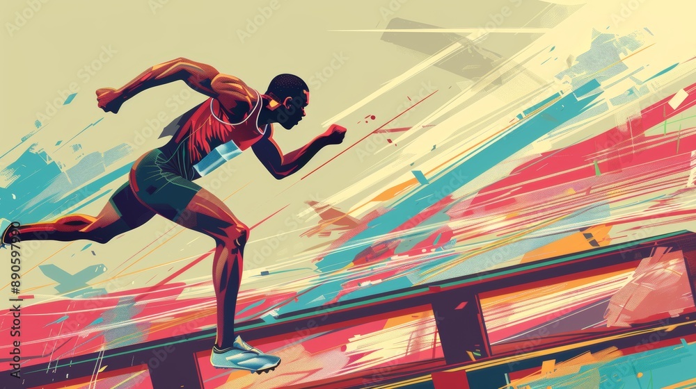 Illustration of Pentathlete running through an obstacle course, athletic form, outdoor event Illustration of Pentathlete running through an obstacle course, athletic form, outdoor event
