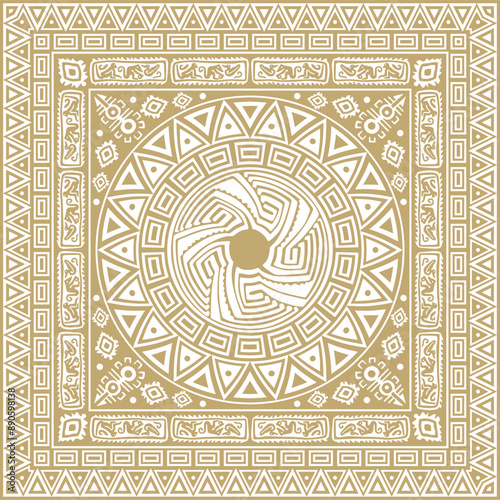 Vector gold native american folk ornament. Square pattern, scarf of the peoples of America, Aztec, Incas, Maya