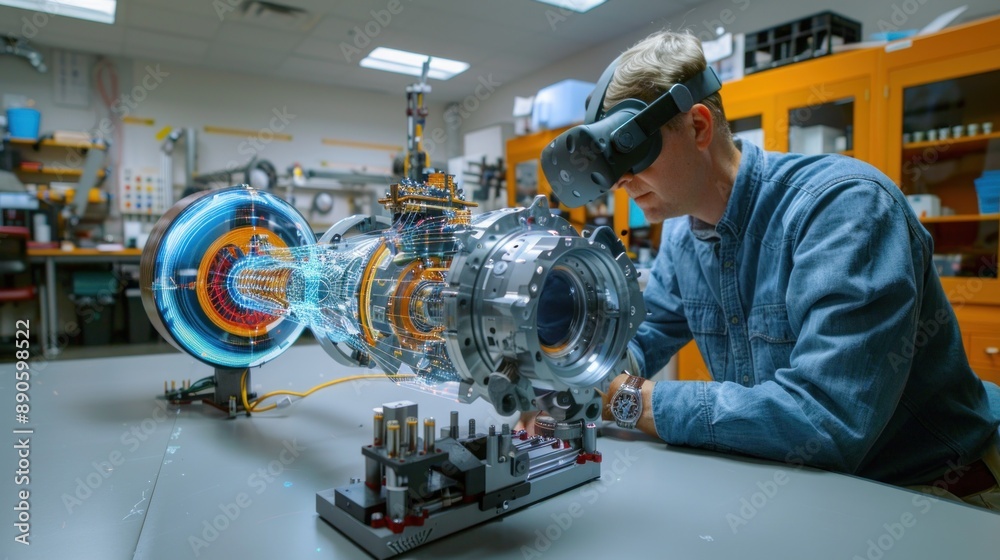 Fototapeta premium Mechanical engineer using augmented reality (AR) glasses to visualize a mechanical system. The AR display shows the inner workings of the machine, allowing the engineer to interact with the virtual