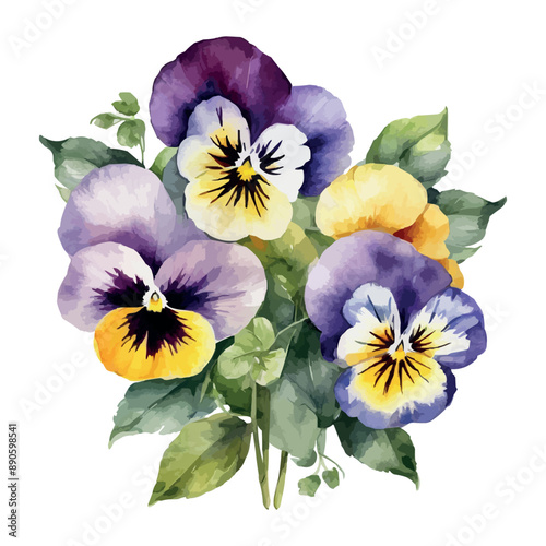 Vector beautiful watercolor bouquet with pink, purple and violet pansy