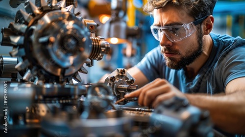 Mechanical engineer adjusting a machine in a high-tech workshop. The engineer is using precision tools to fine-tune the machine's settings. The workshop is well-organized and equipped with various
