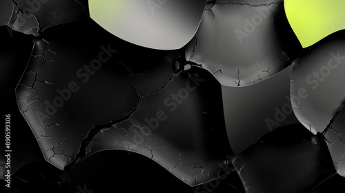 3D abstract black background with large cracked shapes in yellow, green and white, in the style of digital art
