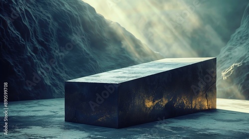 Photography, Dark monolith with light rays and rocky background
 photo