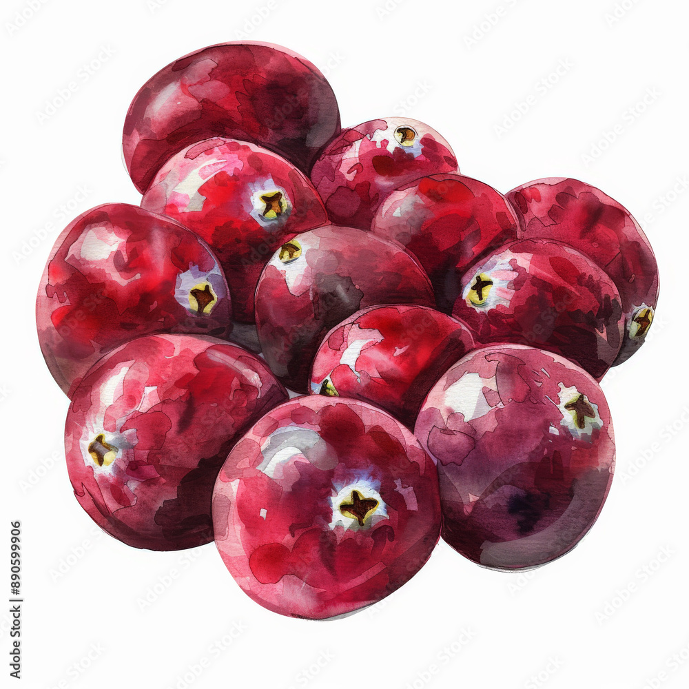 Obraz premium A watercolor illustration of a group of fresh cranberries, each with a detailed texture and bright red color, isolated on white background.