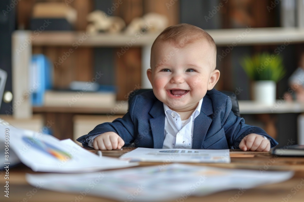 business baby boy in suit working in office joyfully smiling business baby boy in suit working in office joyfully smiling
