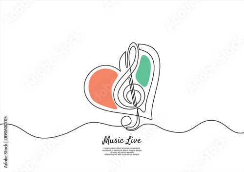 Illustration with symbol of musical note with heart shape. Single Continuous Thin Line Drawing