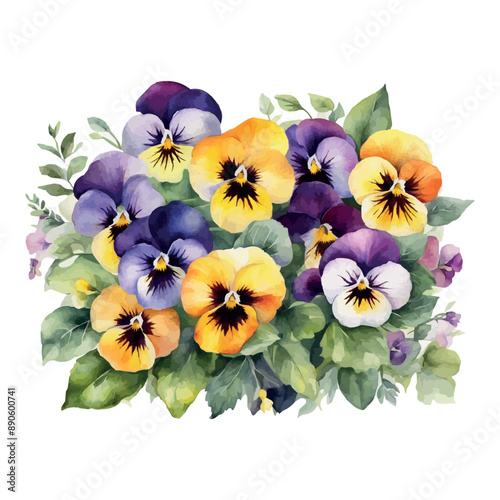 Vector beautiful watercolor bouquet with pink, purple and violet pansy