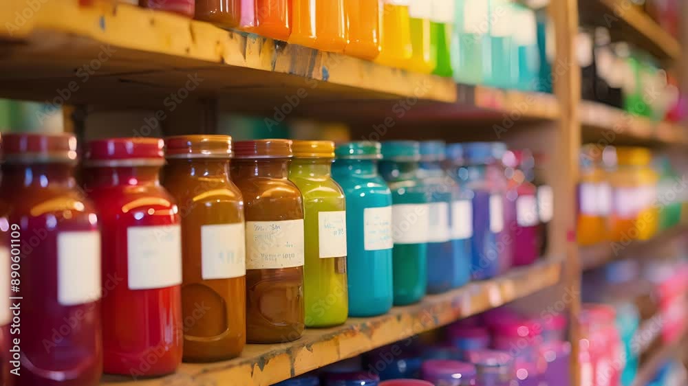 A shelf filled with jars of brightly colored paints labeled with different shades and types. A shelf filled with jars of brightly colored paints labeled with different shades and types.