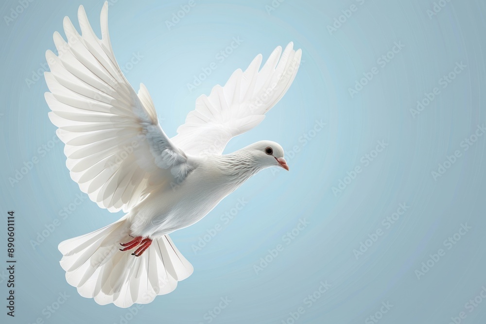 Fototapeta premium Flying white dove on a isolated blue background, peace and freedom symbol bird