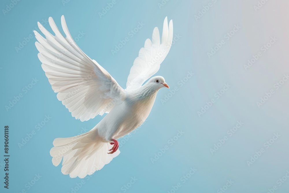 Obraz premium Flying white dove on a isolated blue background, peace and freedom symbol bird