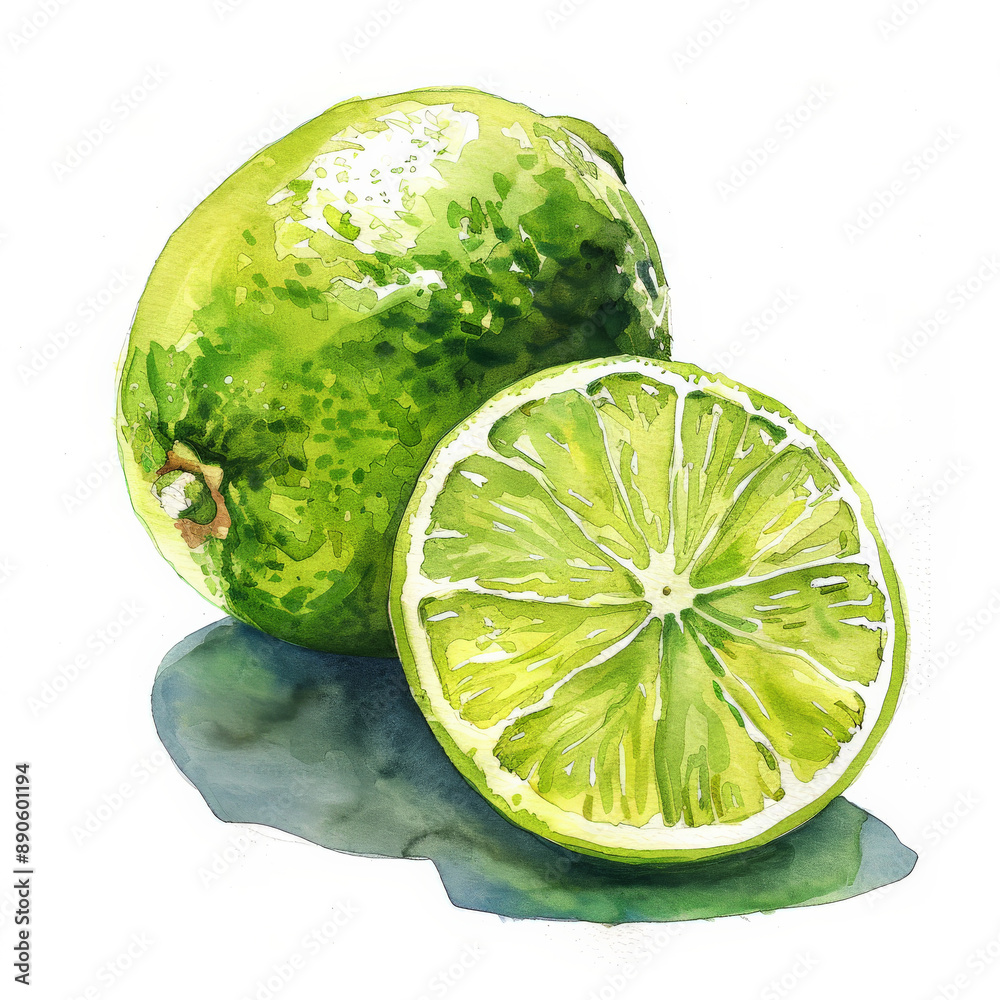 A watercolor painting of a fresh lime, showing the detailed green skin and a cut-open view of the juicy interior, isolated on white background.