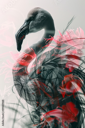 Abstract image of a woman with flamingo-like posture, her body merging with the background, against a white backdrop,