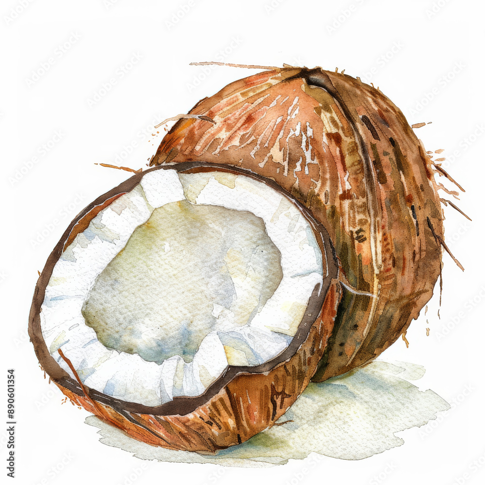 A watercolor illustration of a fresh coconut, showing the rough brown exterior and a cut-open view of the white interior, isolated on white background.