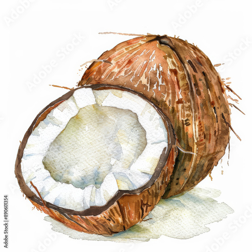 Obraz na płótnie A watercolor illustration of a fresh coconut, showing the rough brown exterior and a cut-open view of the white interior, isolated on white background. w salonie