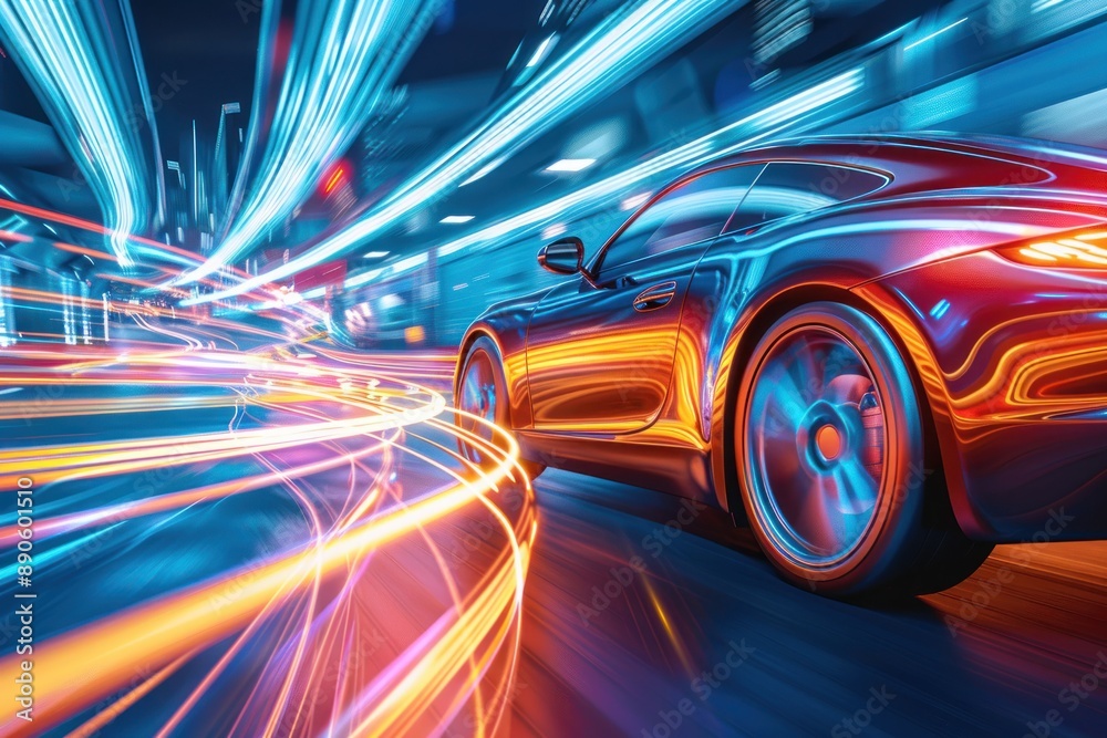Futuristic clean energy car driving fast with colorful light trails Futuristic clean energy car driving fast with colorful light trails