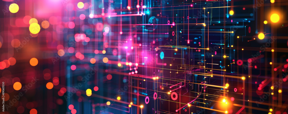 Fototapeta premium A sleek modern tech illustration with a square grid, intersecting lines, and glowing dots, highlighting the complexity of contemporary tech systems.