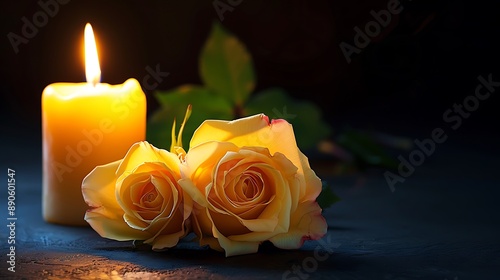 Peaceful All Souls' Day with Yellow Roses and White Candle