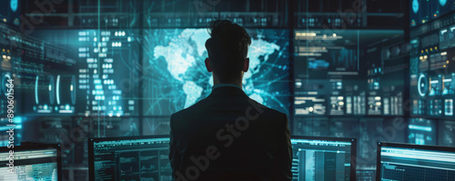 A cybersecurity expert, a British male, adept at advanced threat detection and establishing robust security protocols, surrounded by multiple computer screens displaying encrypted data.
