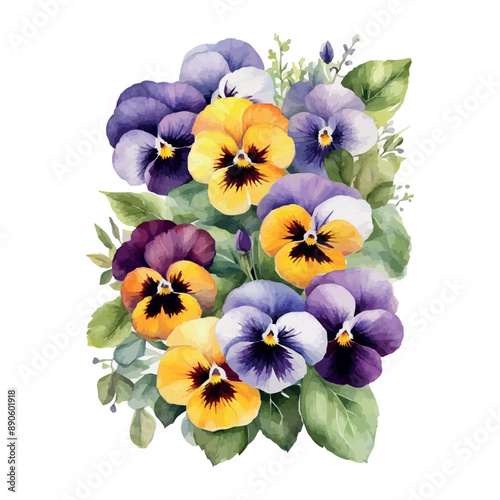 Vector beautiful watercolor bouquet with pink, purple and violet pansy