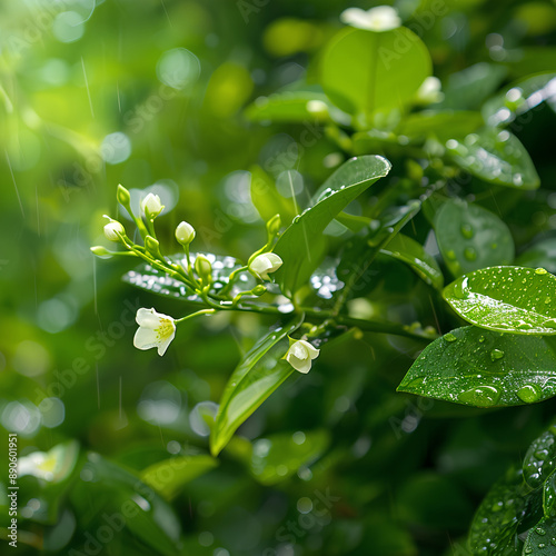 Close-Up of Lush Green Vegetation with Budding Jasmine Flowers Covered in Morning Dew 