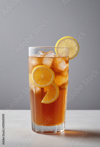  Refreshing glass of iced tea with a lemon wedge. 