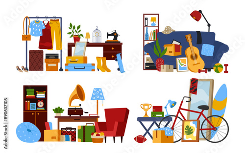 Garage sale. Flea market. Secondhand shop. Household things. Used furniture. Old junk. Charity storage sells clothes. Stuff box. Shopping bazaar. Retro merchandise. Vector cartoon tidy concepts set