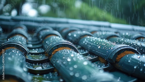 Close-up of rain pouring down on the eaves