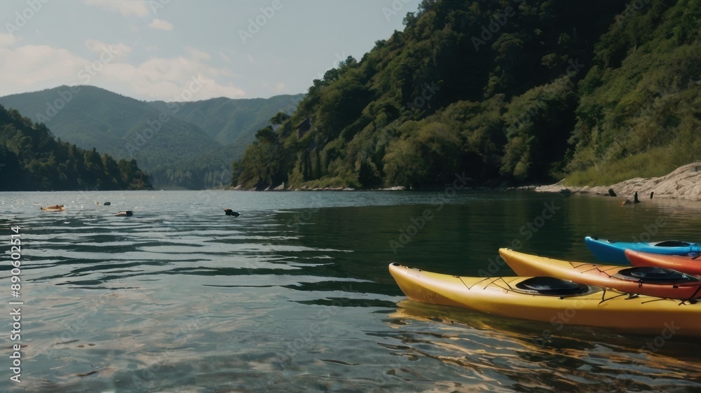 Kayaks, paddleboards, and floats on calm waters Kayaks, paddleboards, and floats on calm waters