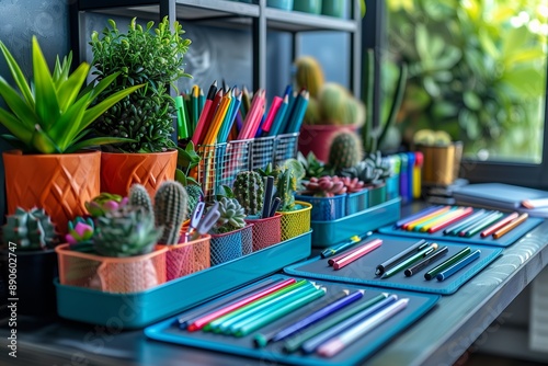 Colorful Pencils and Succulents On A Shelf Near Window