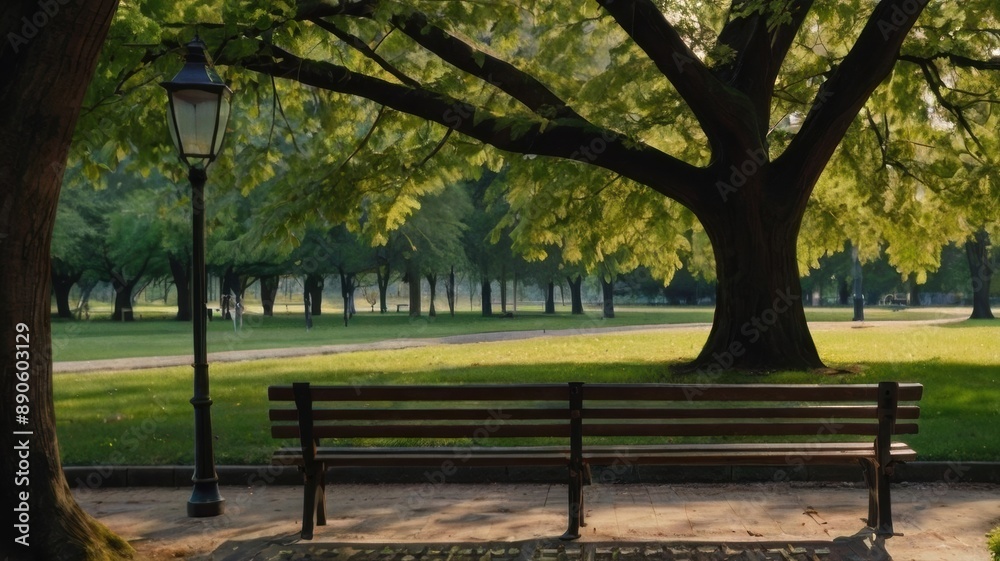 Obraz premium Empty benches under shady trees in lush parks