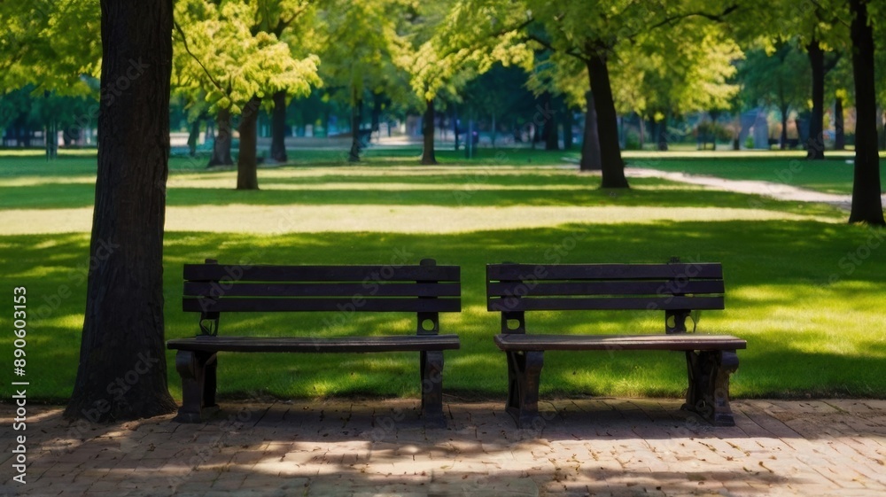 Empty benches under shady trees in lush parks Empty benches under shady trees in lush parks