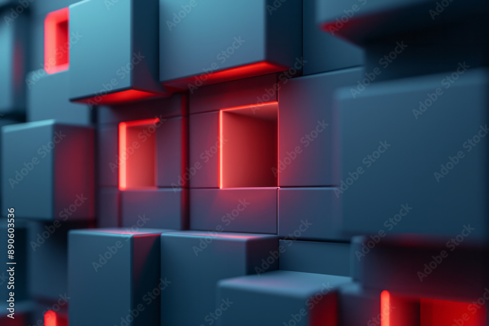 Minimalist design with blue cubes and sharp red highlights, creating a unique geometric pattern, Minimalist design with blue cubes and sharp red highlights, creating a unique geometric pattern,