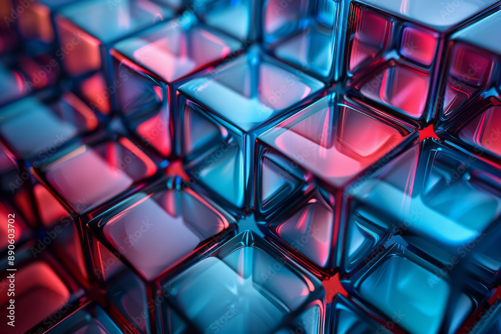 Abstract geometric pattern featuring blue cubes with red highlights, creating a balanced and eye-catching composition, Abstract geometric pattern featuring blue cubes with red highlights, creating a balanced and eye-catching composition,