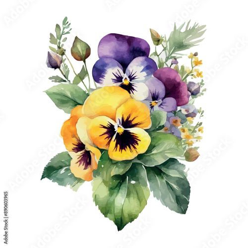 Vector beautiful watercolor bouquet with pink, purple and violet pansy