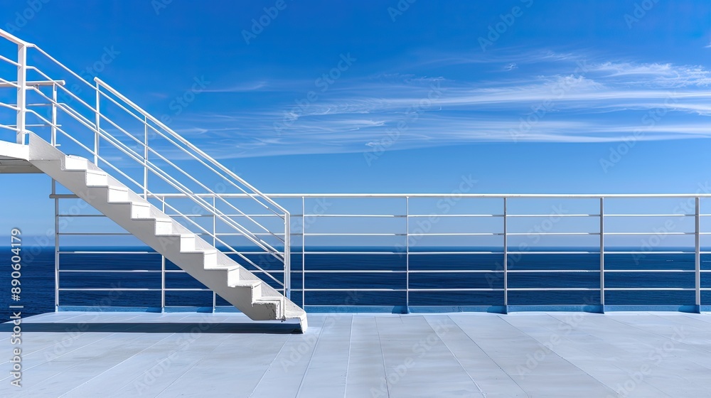 Fototapeta premium A wooden deck with a white railing on a cruise ship overlooks a vast blue ocean with whitecaps and a cloudy sky