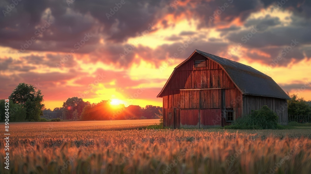 A rustic barn stands in a field of tall grass with a dramatic sunset in the background. A rustic barn stands in a field of tall grass with a dramatic sunset in the background.