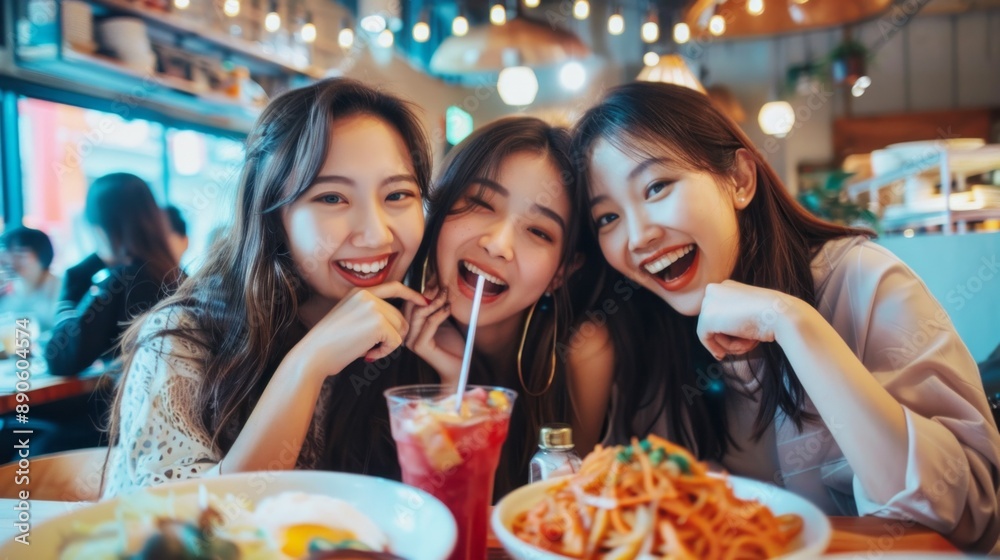 Three women are smiling and laughing while eating at a restaurant Three women are smiling and laughing while eating at a restaurant