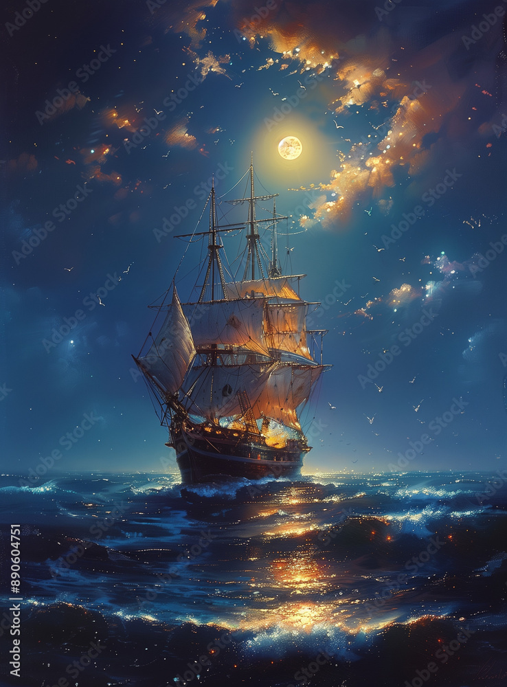 Fototapeta premium ship in the ocean at night 