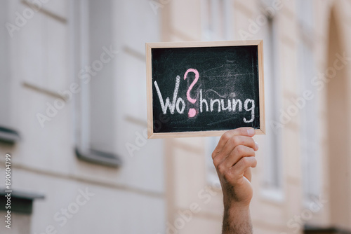 Fotografía Person hält Tafel mit Schrift Wohnung innerhalb einer Stadt hoch