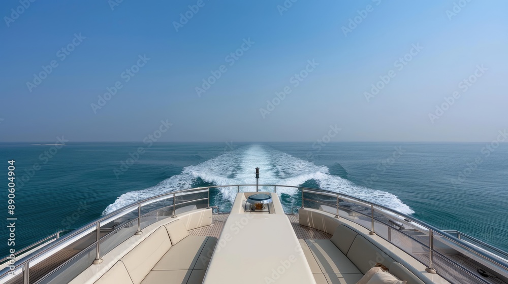 Fototapeta premium A wooden deck with a white railing on a cruise ship overlooks a vast blue ocean with whitecaps and a cloudy sky