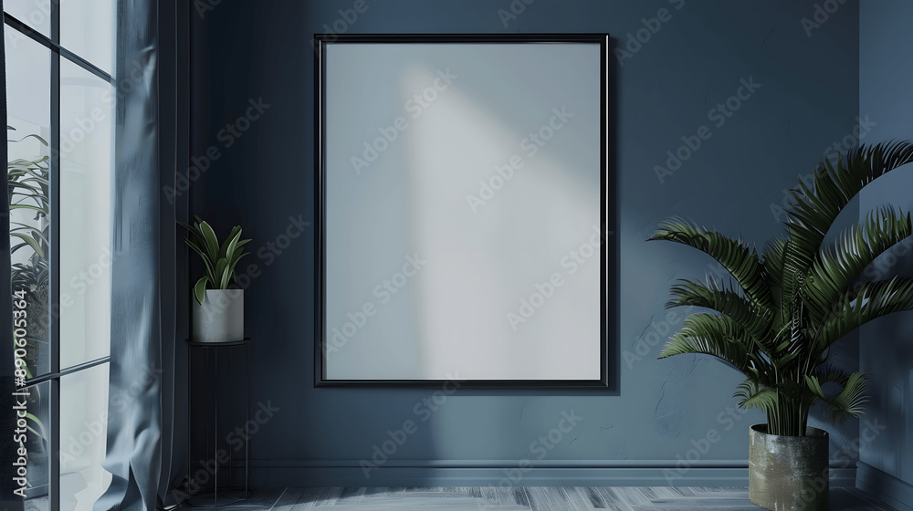 Black frame mockup with blank canvas on a dark blue wall, elegant interior, iso A paper size, framed wall poster template, front perspective Black frame mockup with blank canvas on a dark blue wall, elegant interior, iso A paper size, framed wall poster template, front perspective