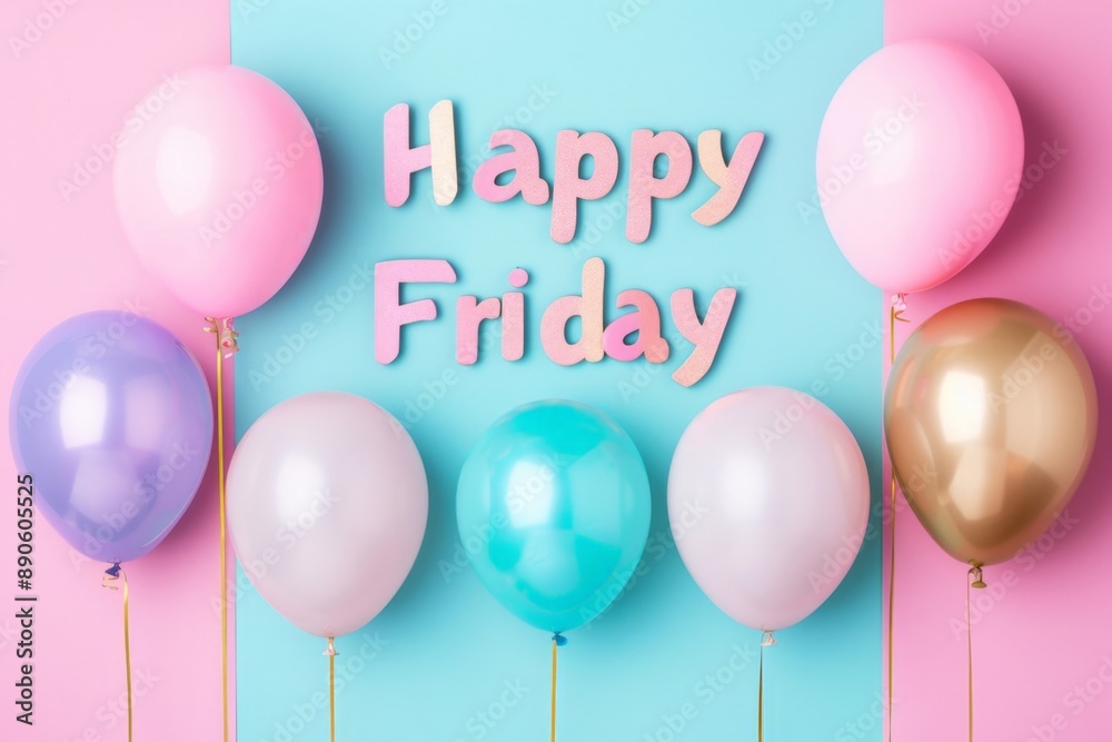 Fototapeta premium Joyful Celebration of Happy Friday with Colorful Balloons on Pink and Blue Background