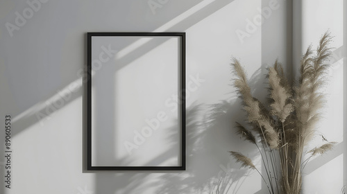 Black frame mockup with blank canvas on a light grey wall, minimalist chic, iso A paper size, framed wall poster template, front perspective photo